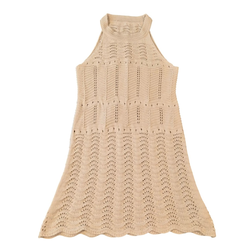 Cupshe Womens Beige Crochet Knit Halter Mini Dress Pointelle Scalloped Tan Med